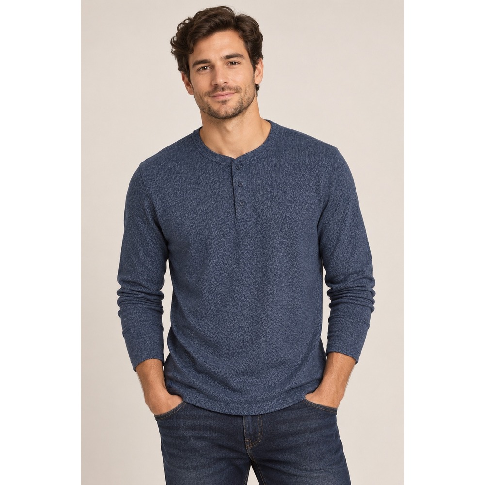 UNTUCKit Harrow Henley Navy Blue Herringbone Long Sleeve Shirt 42119 Mens Large